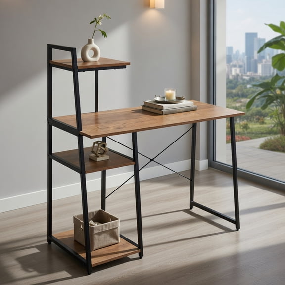 Demi Bonn Compact Computer Desk Workstation with 4 Tier Shelves for Home and Office Desk Study Writing Table, Beige