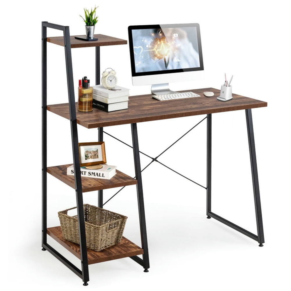 Finihen Compact Computer Desk Workstation with 4 Tier Shelves for Home and Office Desk Study Writing Table, Brown