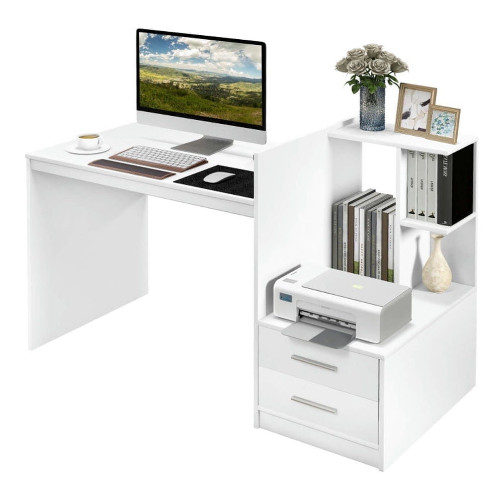 Demi Bonn Computer Desk Home Office with Bookshelf and Drawers, Small Home Office Desk Study Writing Table, White