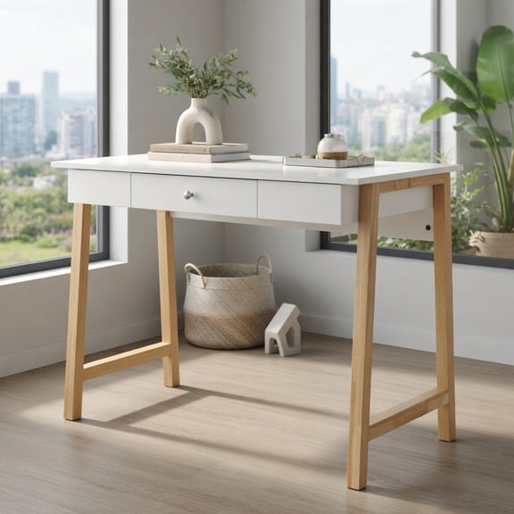 Demi Bonn Computer Desk Laptop PC Makeup Vanity Table, Small Home Office Desk Study Writing Table, Beige