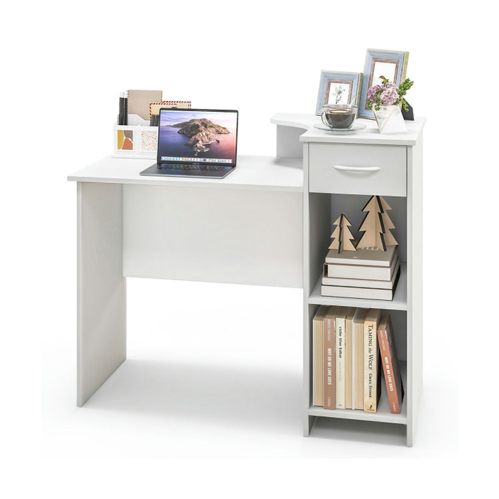Finihen Computer Desk Modern Laptop PC Desk with Adjustable Shelf and Cable Hole, Small Home Office Desk Study Writing Table, White Finihen Computer Desk Modern Laptop PC Desk with Adjustable Shelf and Cable Hole, Small Home Office Desk Study Writing Table, White