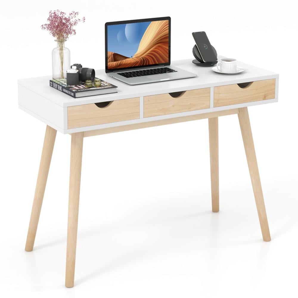 Demi Bonn Computer Desk with 3 Drawers and Solid Rubber Wood Legs for Home Office Desk Study Writing Table, White