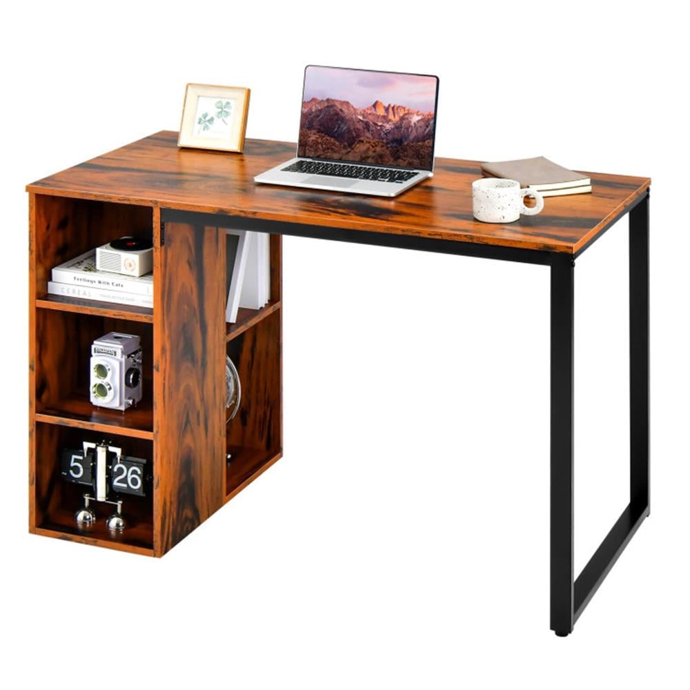 Finihen Computer Desk with 5 Side Shelves and Metal Frame, Small Home Office Desk Study Writing Table, Brown Finihen Computer Desk with 5 Side Shelves and Metal Frame, Small Home Office Desk Study Writing Table, Brown