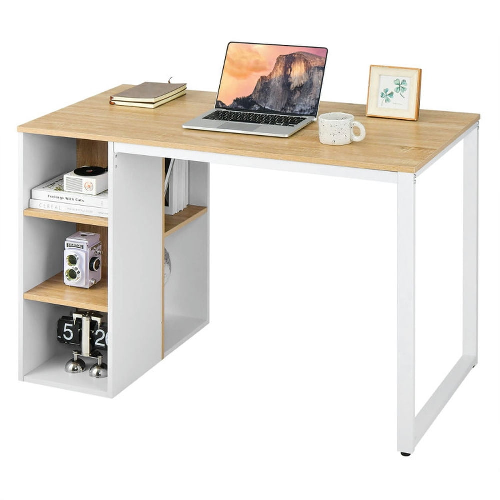 Finihen Computer Desk with 5 Side Shelves and Metal Frame, Small Home Office Desk Study Writing Table, White Finihen Computer Desk with 5 Side Shelves and Metal Frame, Small Home Office Desk Study Writing Table, White