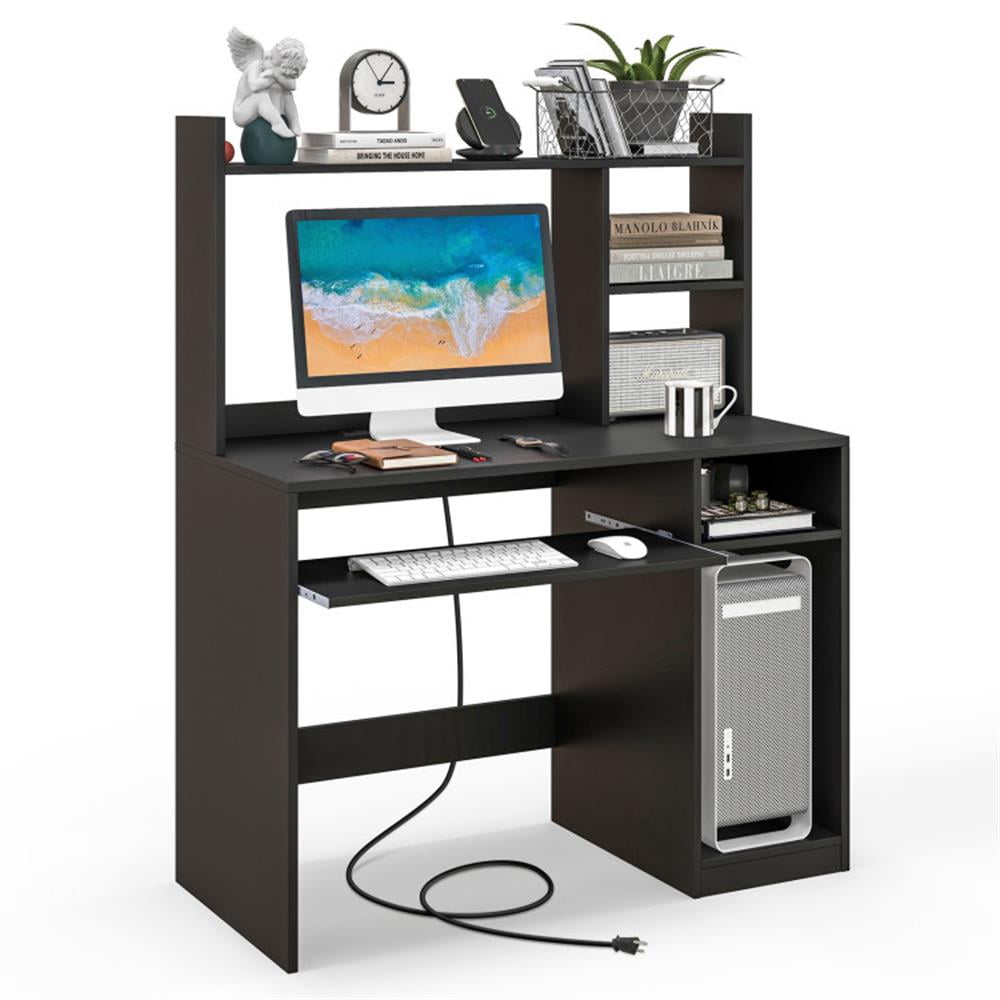 Finihen Computer Desk with Bookcase Keyboard Tray and CPU Stand for Home Office Sturdy Writing Workstation, Black Finihen Computer Desk with Bookcase Keyboard Tray and CPU Stand for Home Office Sturdy Writing Workstation, Black