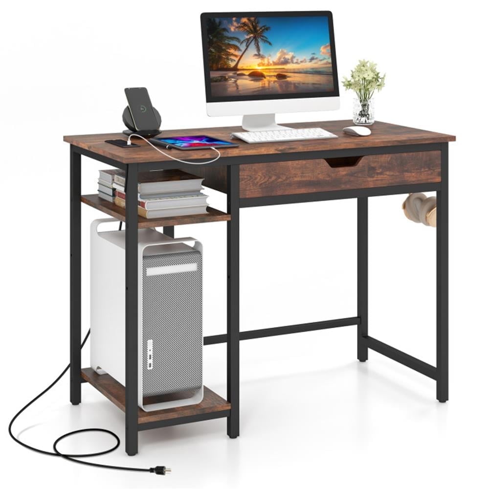 Demi Bonn Computer Desk with Charging Station and Drawer and Adjustable Shelf, Small Home Office Desk Study Writing Table, Brown