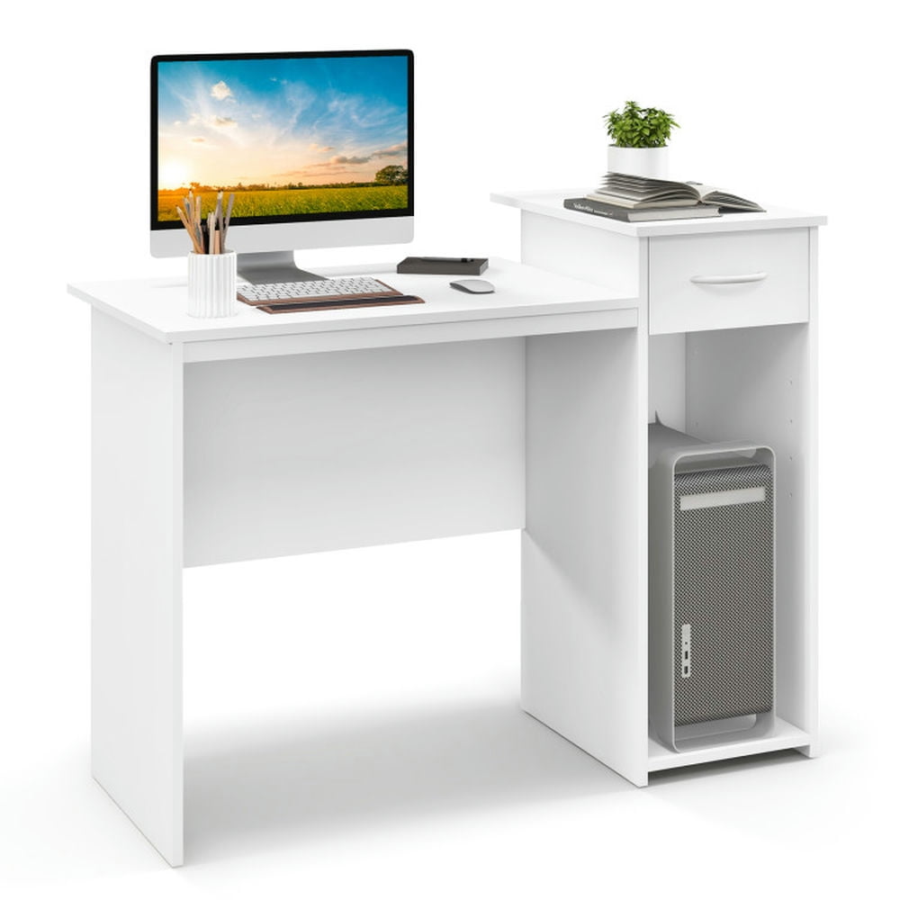 Finihen Computer Desk with Drawer Modern Laptop PC Desk with Adjustable Shelf and Cable Hole, Small Home Office Desk Study Writing Table, White Finihen Computer Desk with Drawer Modern Laptop PC Desk with Adjustable Shelf and Cable Hole, Small Home Office Desk Study Writing Table, White