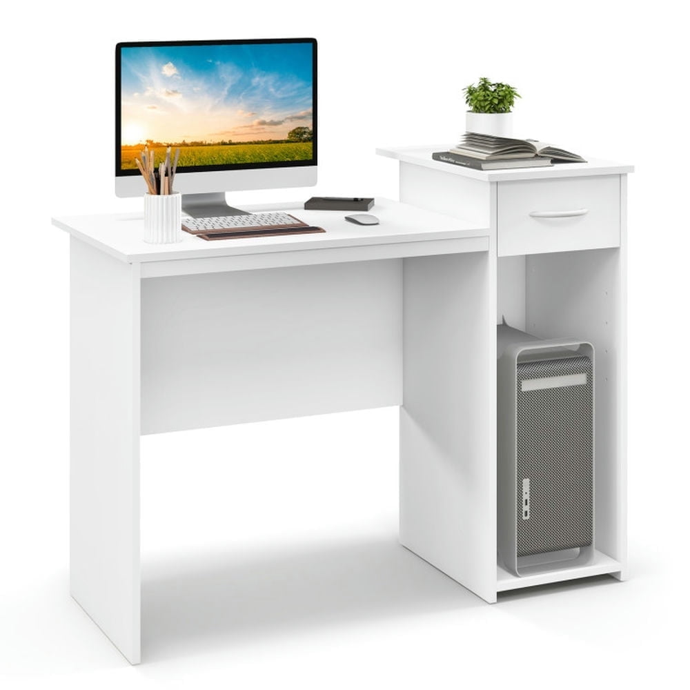 Demi Bonn Computer Desk with Drawer Modern Laptop PC Desk with Adjustable Shelf and Cable Hole, Small Home Office Desk Study Writing Table, White