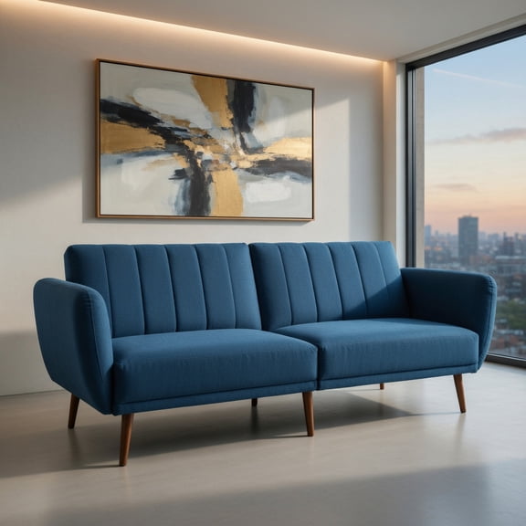 Demi Bonn Convertible Futon Sofa Bed, Modern Convertible Sleeper Couch, Adjustable Couch Sleeper with Wood Legs, for Studio, Apartment, Office, Small Space, Living Room, Bedroom, Navy