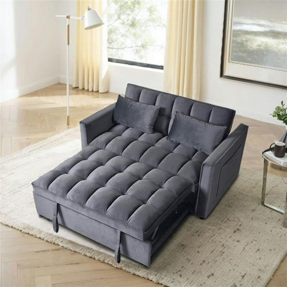 Demi Bonn Convertible Sofa Bed, 3-in-1 Velvet Sleeper Sofa Couch with Pullout Bed, Sectional Sofa with Side Pockets and Adjustable Backrest for Living Room, Gray