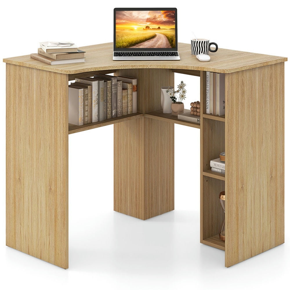 Finihen Corner Computer Desk Triangle Home Office Desk with Adjustable Shelf and Arc-Shaped Profile, Beige Finihen Corner Computer Desk Triangle Home Office Desk with Adjustable Shelf and Arc-Shaped Profile, Beige