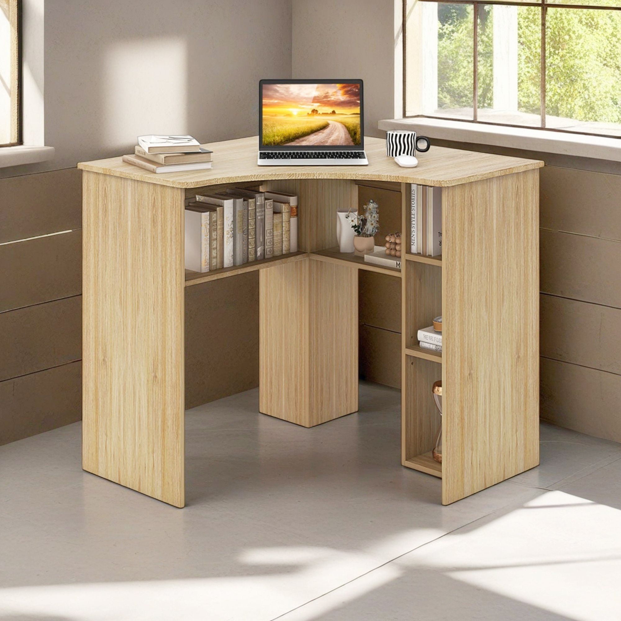 Demi Bonn Corner Computer Desk Triangle Home Office Desk with Adjustable Shelf and Arc-Shaped Profile, Beige