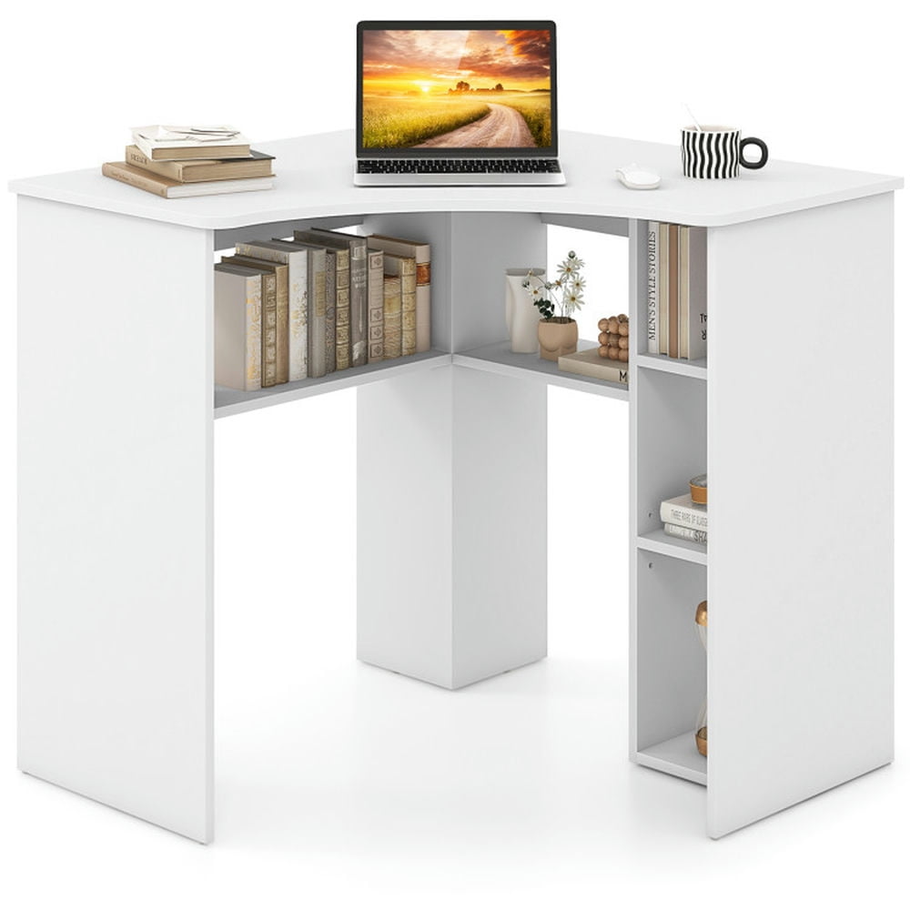 Finihen Corner Computer Desk Triangle Home Office Desk with Adjustable Shelf and Arc-Shaped Profile, White Finihen Corner Computer Desk Triangle Home Office Desk with Adjustable Shelf and Arc-Shaped Profile, White