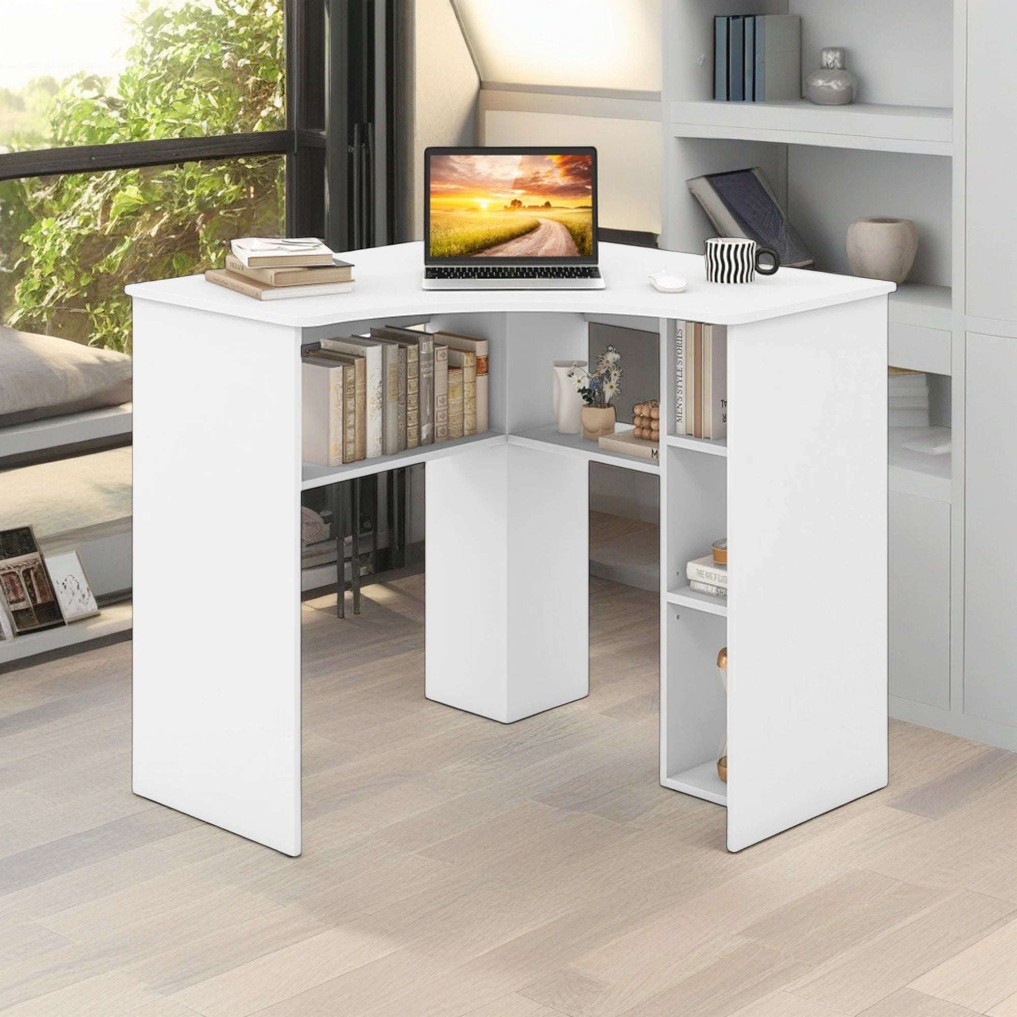 Demi Bonn Corner Computer Desk Triangle Home Office Desk with Adjustable Shelf and Arc-Shaped Profile, White