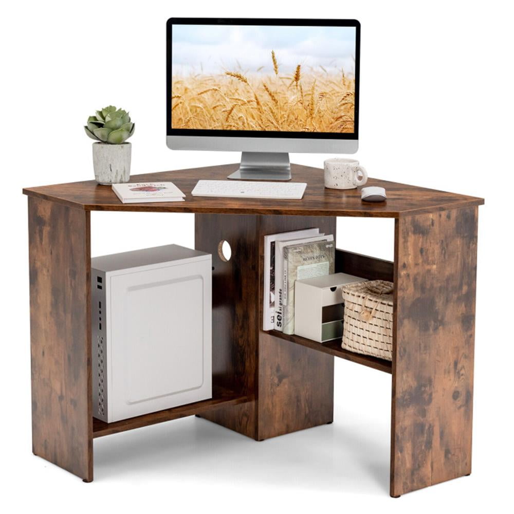 Finihen Corner Computer Desk Triangle Writing Workstation with Storage Shelf, Small Home Office Desk Study Gaming Table, Brown Finihen Corner Computer Desk Triangle Writing Workstation with Storage Shelf, Small Home Office Desk Study Gaming Table, Brown