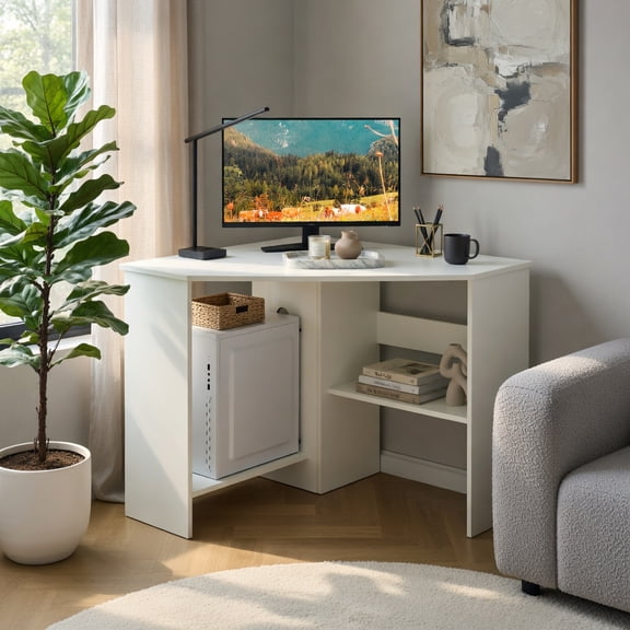 Demi Bonn Corner Computer Desk Triangle Writing Workstation with Storage Shelf, Small Home Office Desk Study Gaming Table, White
