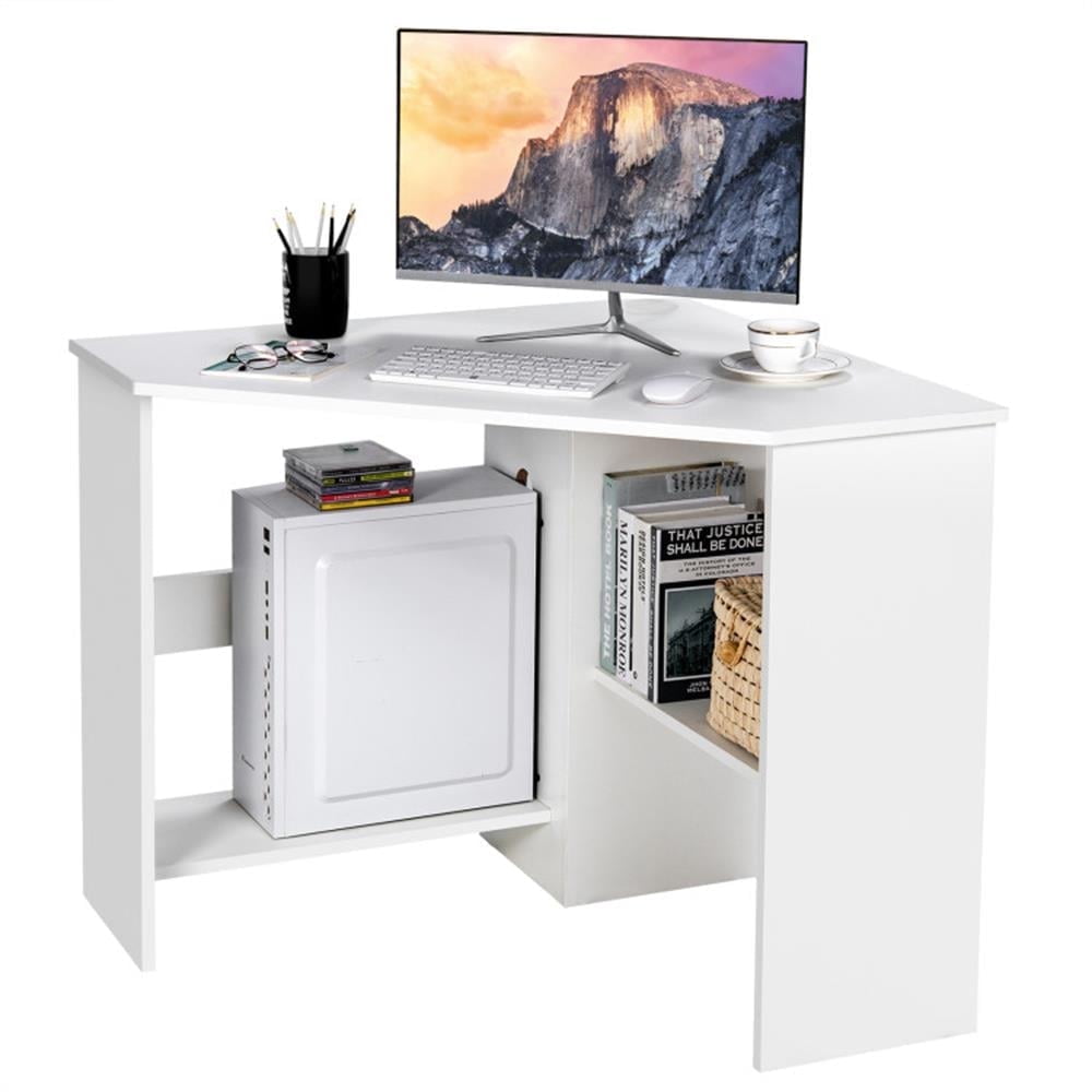 Demi Bonn Corner Computer Desk Triangle Writing Workstation with Storage Shelf, Small Home Office Desk Study Gaming Table, White