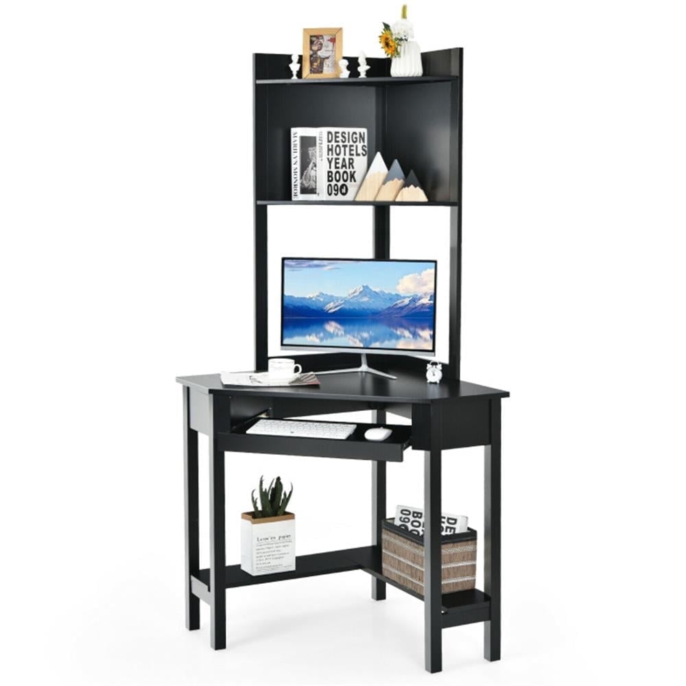 Demi Bonn Corner Computer Desk with Hutch and Storage Shelves, Small Home Office Desk Study Writing Table, Black