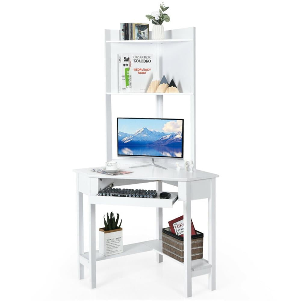 Finihen Corner Computer Desk with Hutch and Storage Shelves, Small Home Office Desk Study Writing Table, White Finihen Corner Computer Desk with Hutch and Storage Shelves, Small Home Office Desk Study Writing Table, White