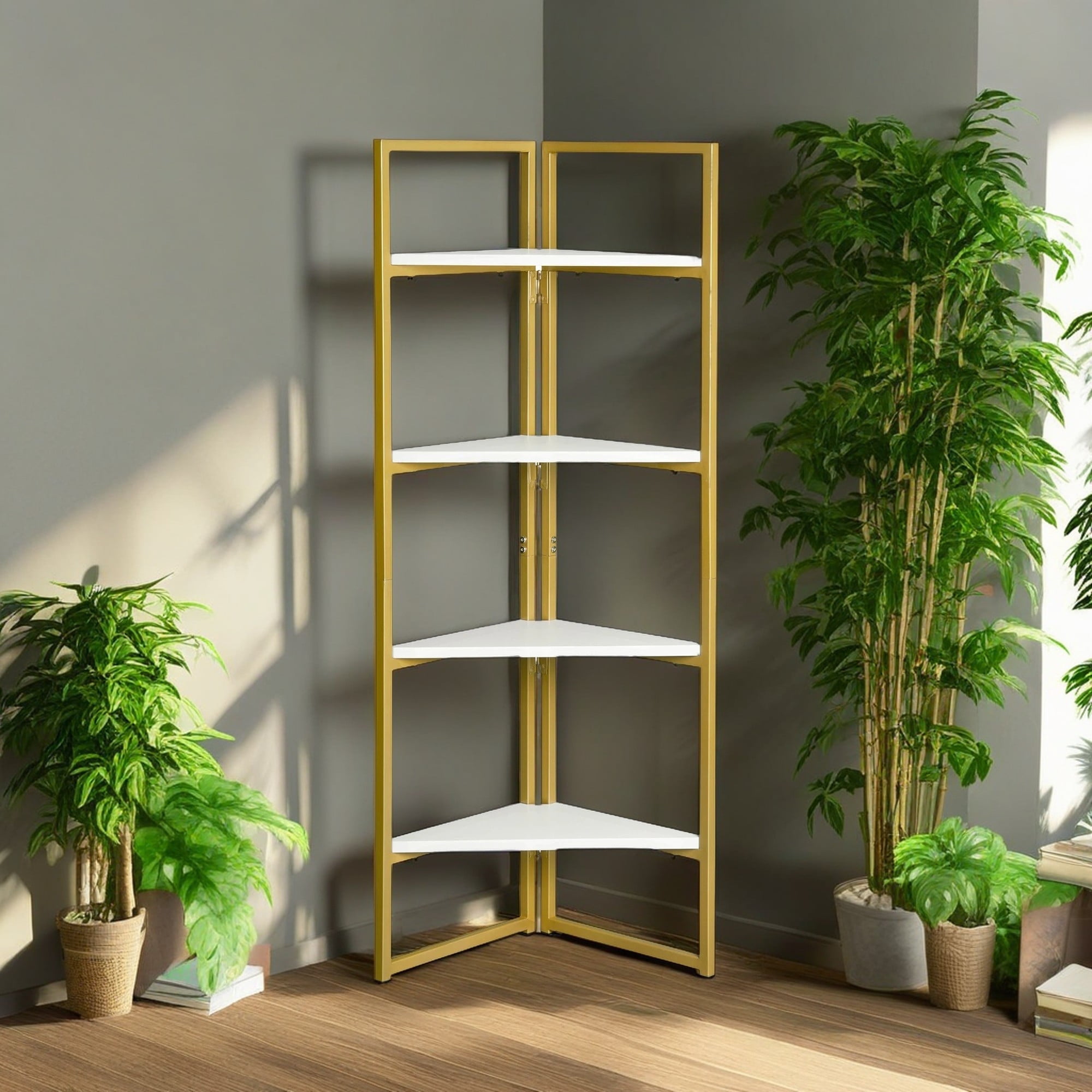 Demi Bonn Corner Shelf Stand, 4-Tier Wall Corner Bookshelf with Metal Frame, Plant Corner Display Shelf, Bookcase for Small Spaces, Bedroom, Living Room, White