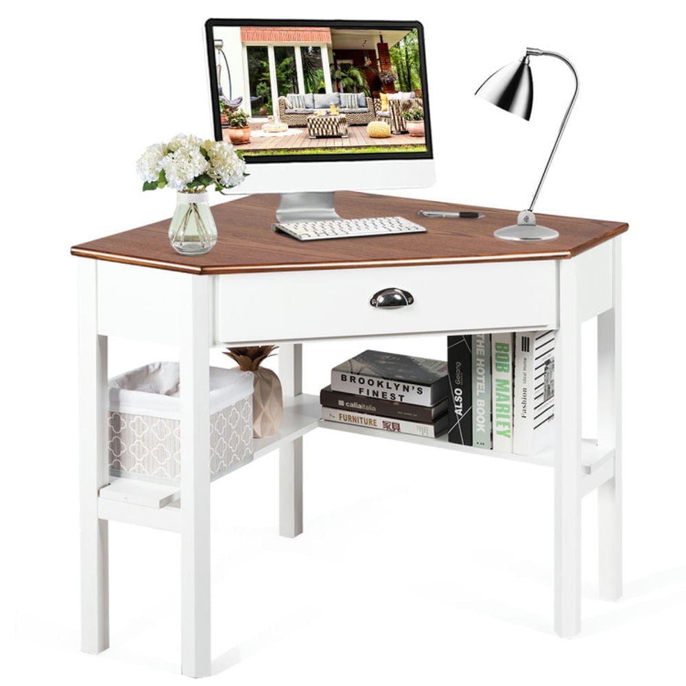 Demi Bonn Corner Wooden Piece Laptop Computer Desk, Small Home Office Desk Study Writing Table, White
