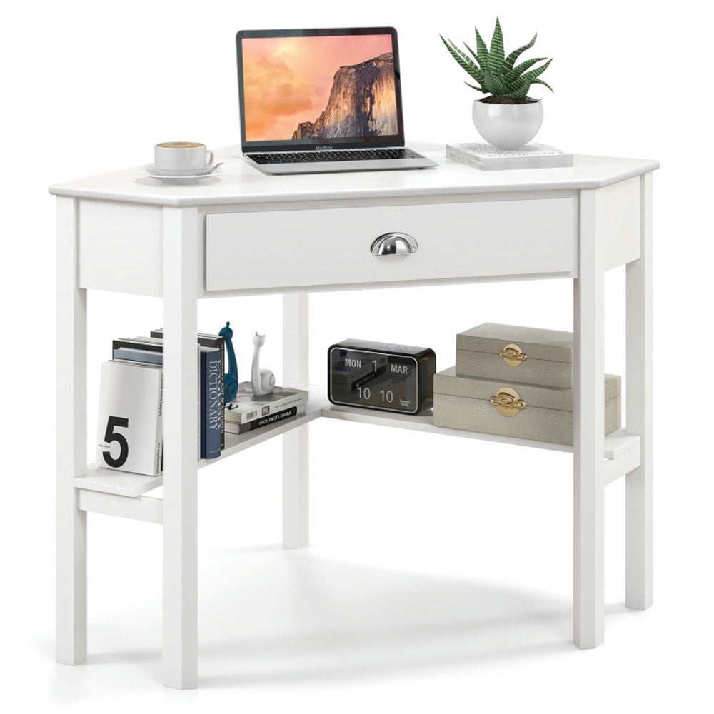 Finihen Corner Wooden Piece Laptop Computer Desk, Small Home Office Desk Study Writing Table, White Finihen Corner Wooden Piece Laptop Computer Desk, Small Home Office Desk Study Writing Table, White