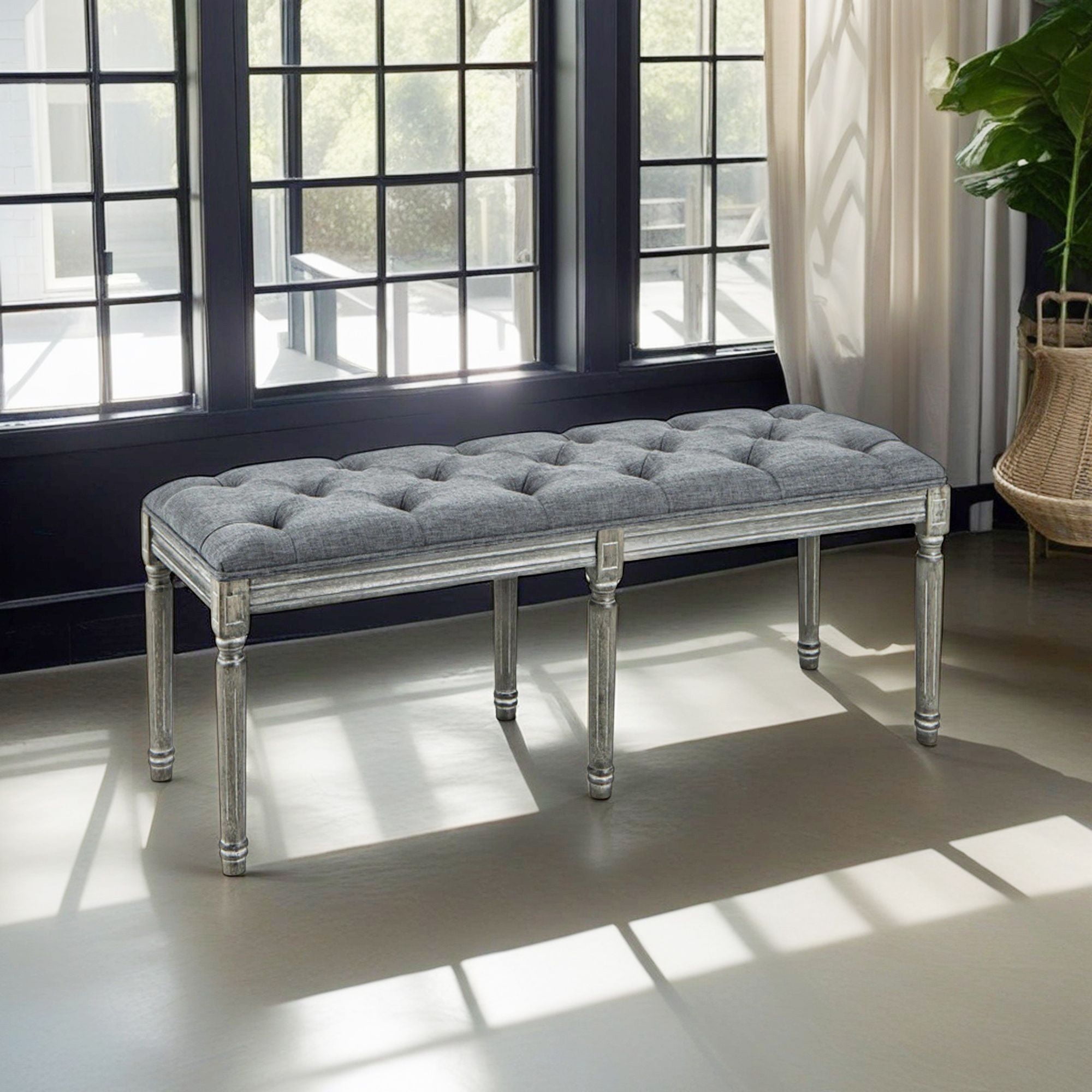 Demi Bonn Dining Bench, Upholstered Bench, French Vintage Entryway Bench 47 Inch Upholstered Dining Bench, for Living Room, Bedroom, Porch, Entryway, Gray