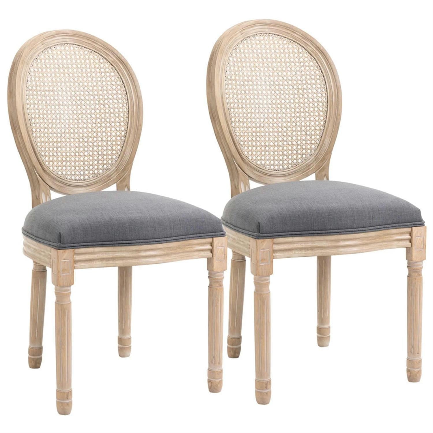 Demi Bonn Dining Chairs Set of 2, French-Style Upholstered Dining Room Chairs with Rattan Backrest and Linen-Touch Upholstery for Kitchen Restaurant, Living Room, Gray