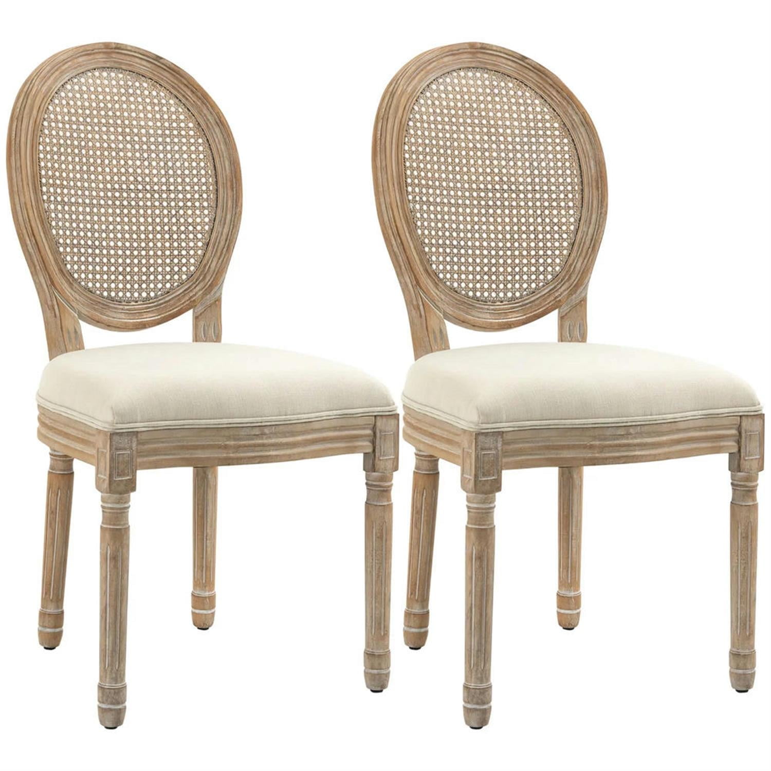 Demi Bonn Dining Chairs Set of 2, French-Style Upholstered Dining Room Chairs with Rattan Backrest and Linen-Touch Upholstery for Kitchen Restaurant, Living Room, White