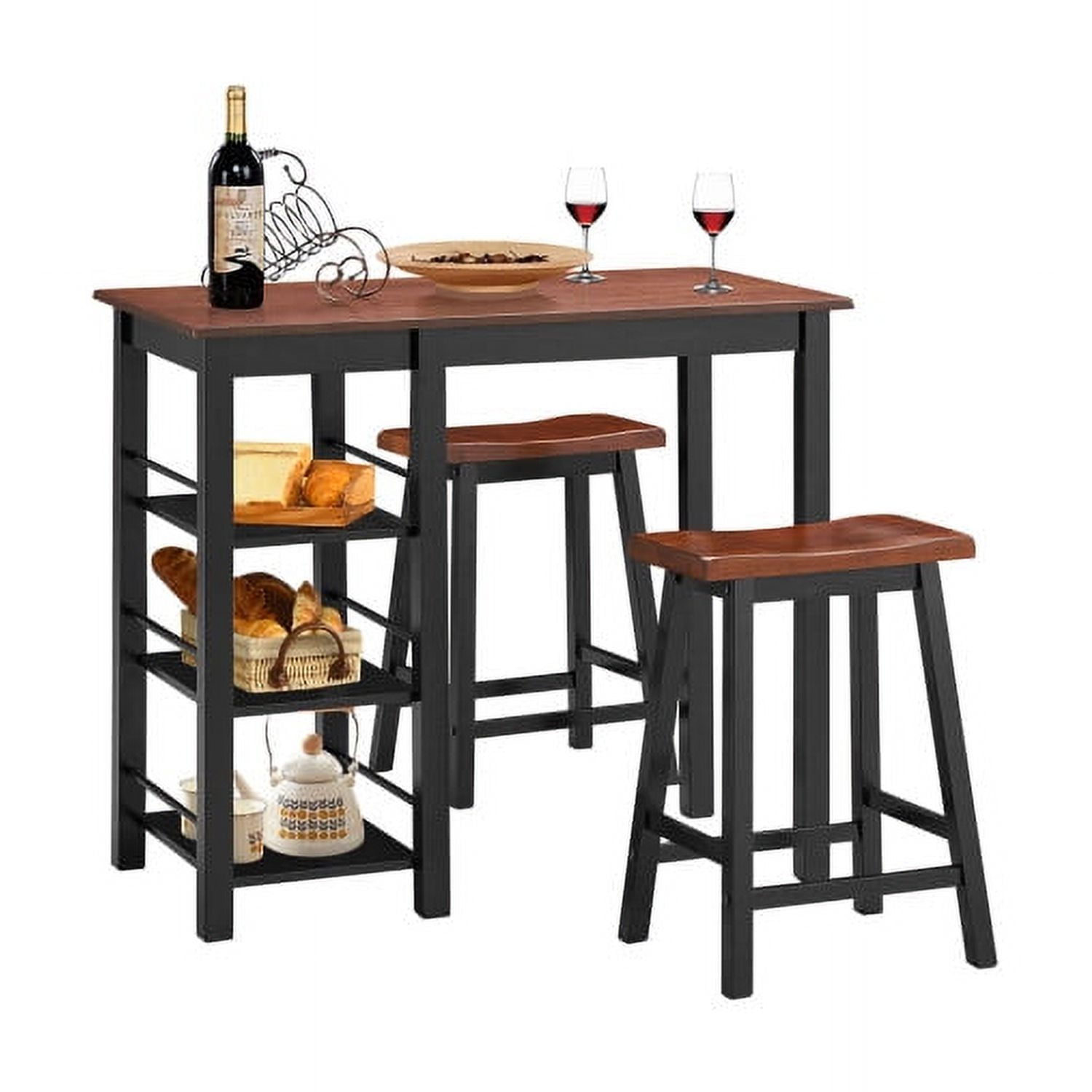 Demi Bonn Dining Set, Dining Table Set, 3 Piece Counter Height Dining Table Set with 2 Saddle Stools and Storage Shelves, for Home, Restaurant, Walnut