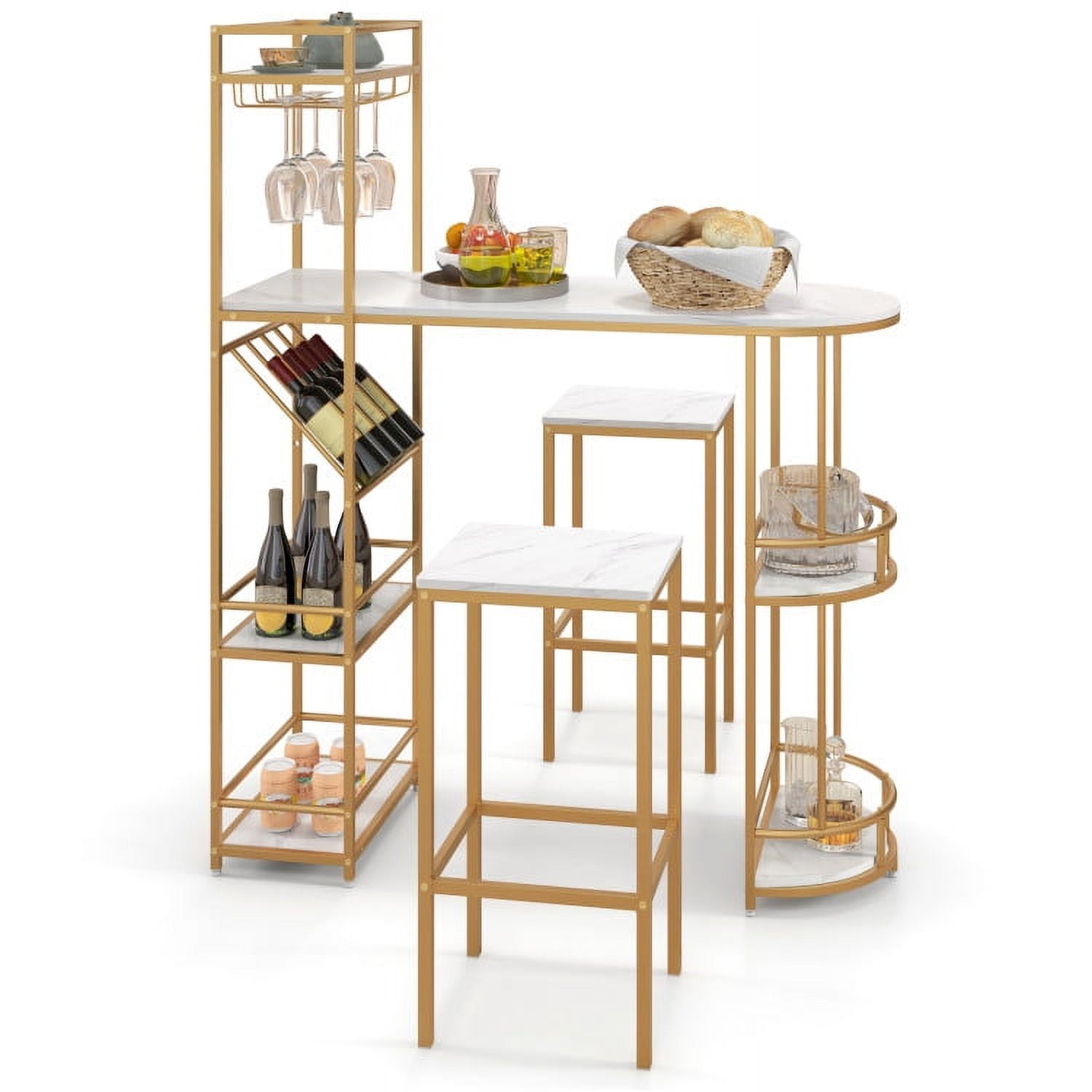 Finihen Dining Set, Dining Table Set, 3 Pieces Bar Table Set with Storage Shelves and Wine Rack, for Home, Restaurant, Golden Finihen Dining Set, Dining Table Set, 3 Pieces Bar Table Set with Storage Shelves and Wine Rack, for Home, Restaurant, Golden