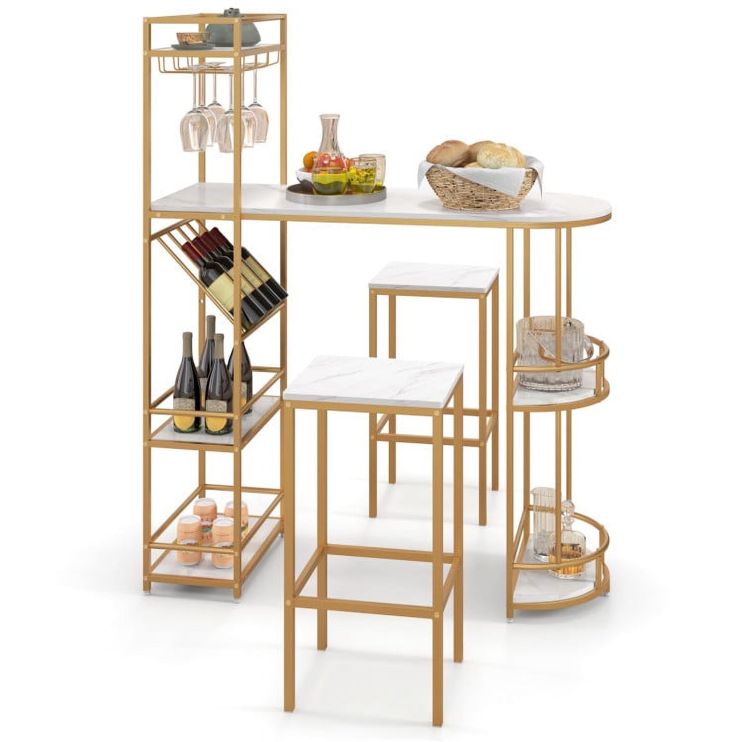 Demi Bonn Dining Set, Dining Table Set, 3 Pieces Bar Table Set with Storage Shelves and Wine Rack, for Home, Restaurant, Golden