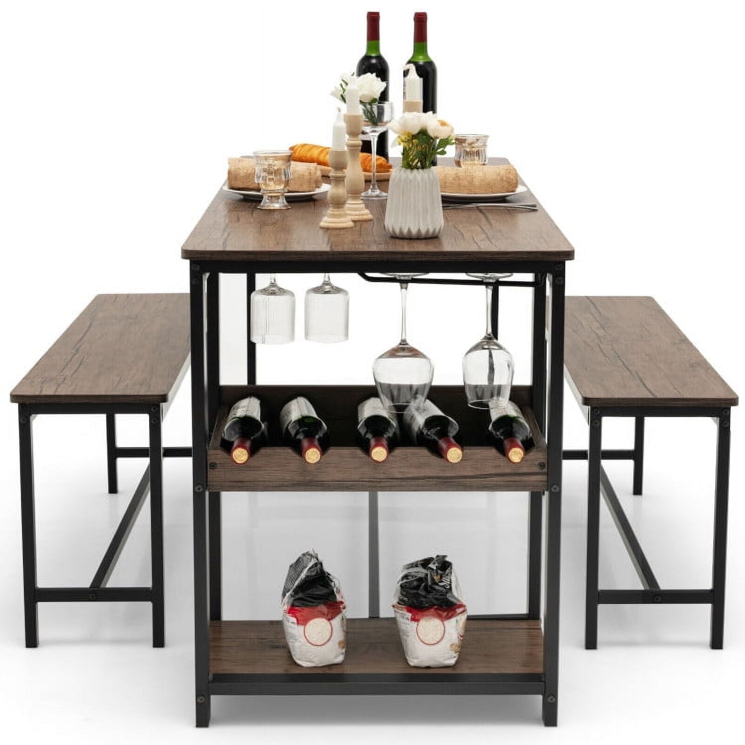 Demi Bonn Dining Set, Dining Table Set, 3 Pieces Dining Table Set for 4 with Wine Rack, for Home, Restaurant, Brown