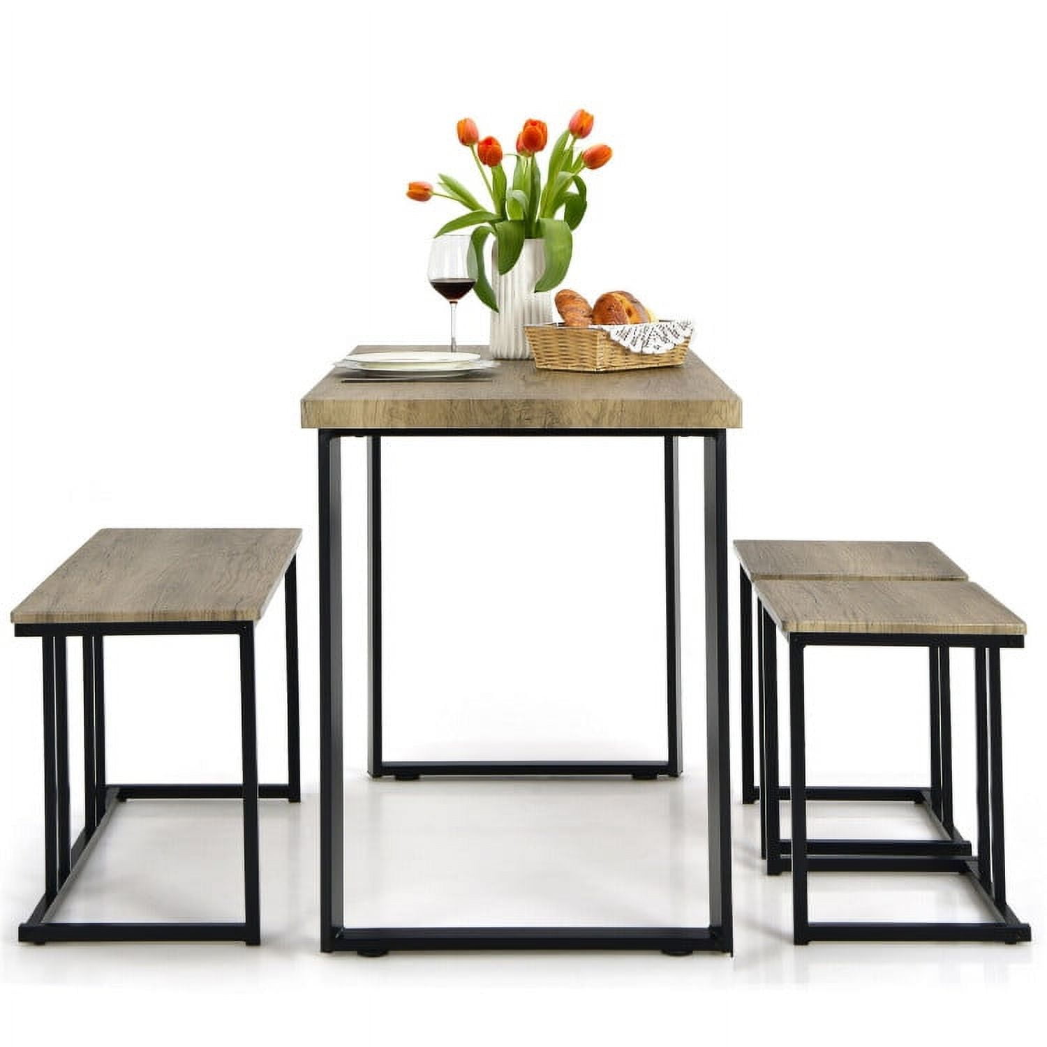 Finihen Dining Set, Dining Table Set, 4 Pieces Industrial Dinette Set with Bench and 2 Stools, for Home, Restaurant, Oak Finihen Dining Set, Dining Table Set, 4 Pieces Industrial Dinette Set with Bench and 2 Stools, for Home, Restaurant, Oak