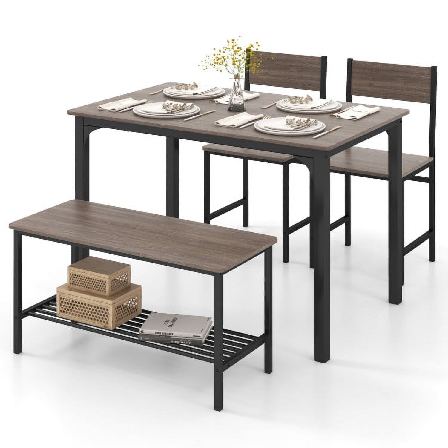 Finihen Dining Set, Dining Table Set, 4 Pieces Rustic Dining Table Set with 2 Chairs and Bench, for Home, Restaurant, Gray Finihen Dining Set, Dining Table Set, 4 Pieces Rustic Dining Table Set with 2 Chairs and Bench, for Home, Restaurant, Gray