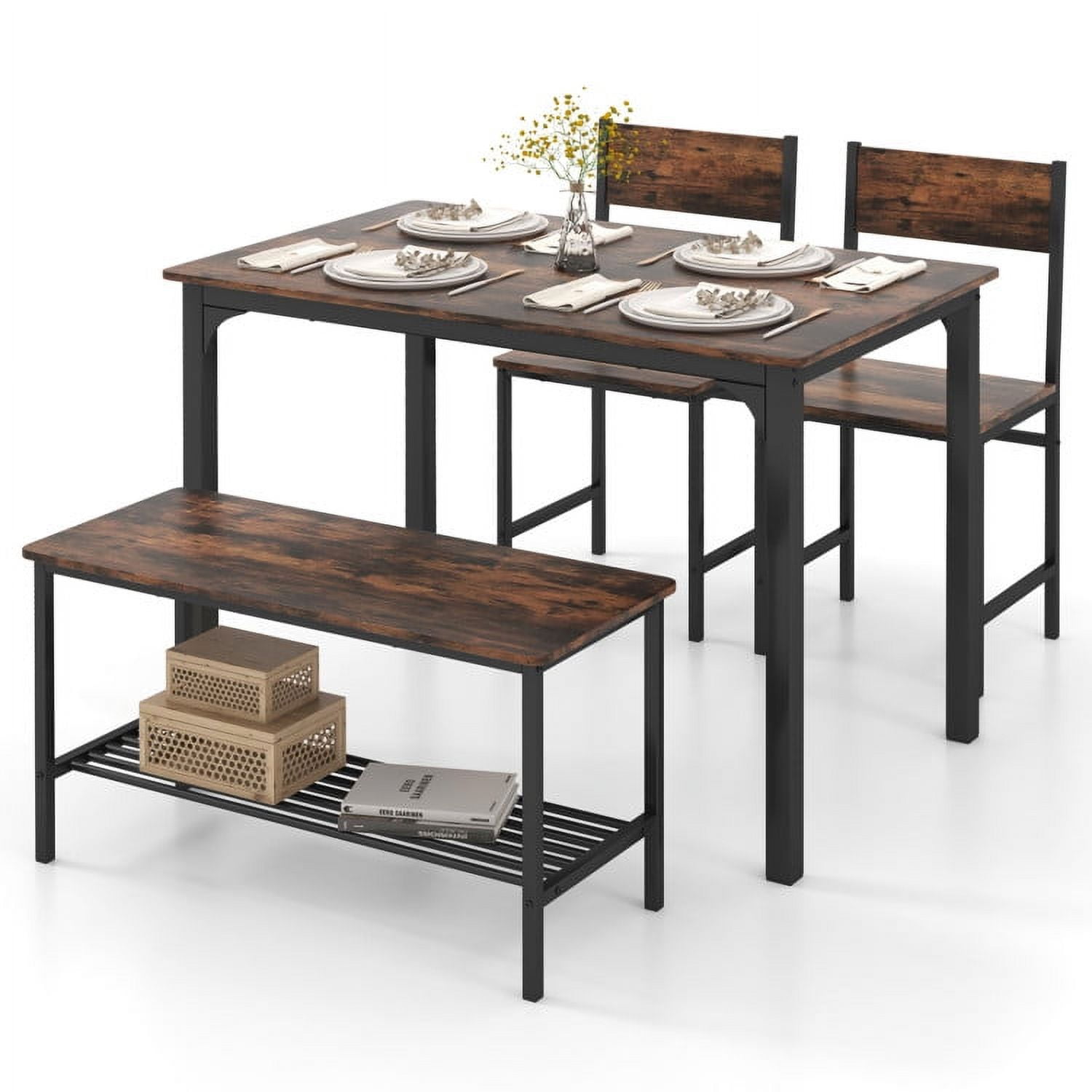 Finihen Dining Set, Dining Table Set, 4 Pieces Rustic Dining Table Set with 2 Chairs and Bench, for Home, Restaurant, Rustic Brown Finihen Dining Set, Dining Table Set, 4 Pieces Rustic Dining Table Set with 2 Chairs and Bench, for Home, Restaurant, Rustic Brown