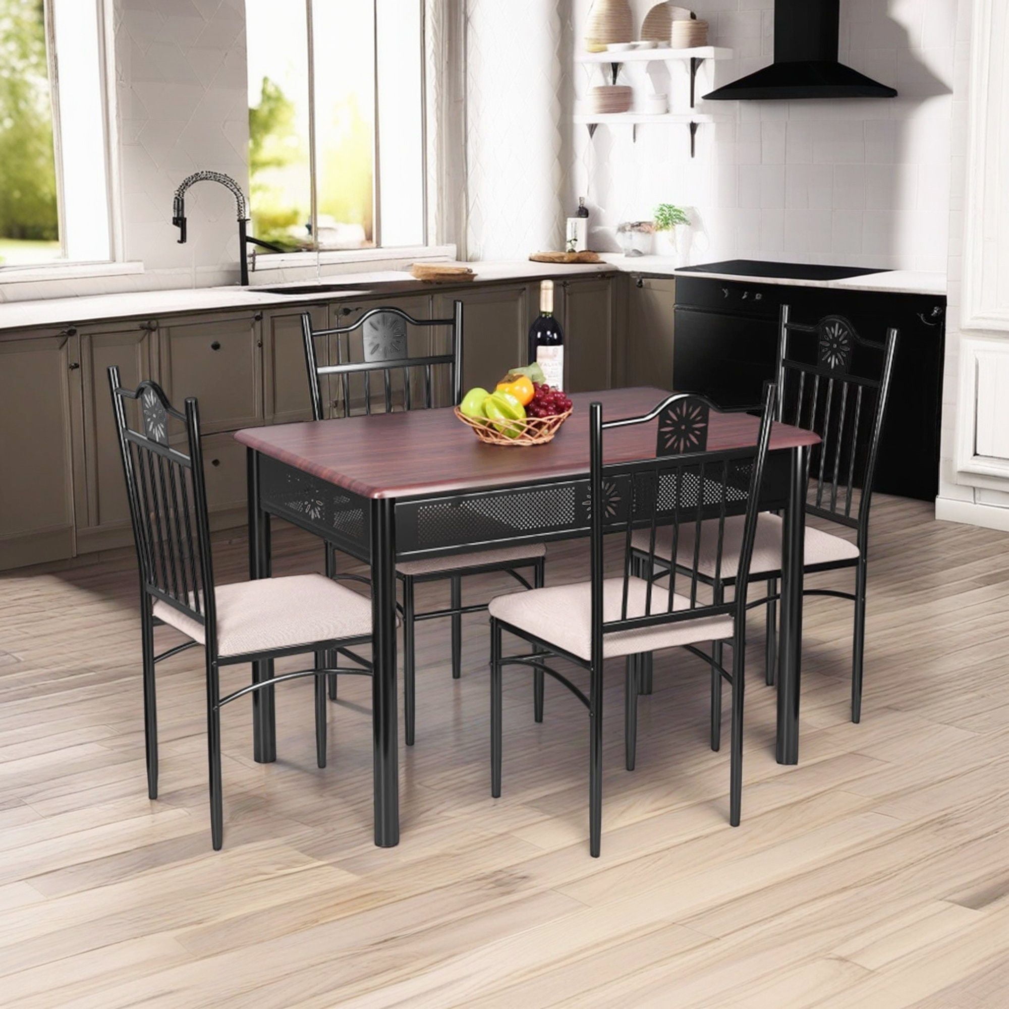 Demi Bonn Dining Set, Dining Table Set, 5 Pcs Dining Set Wood Metal Table and 4 Chairs with Cushions, for Home, Restaurant, Beige