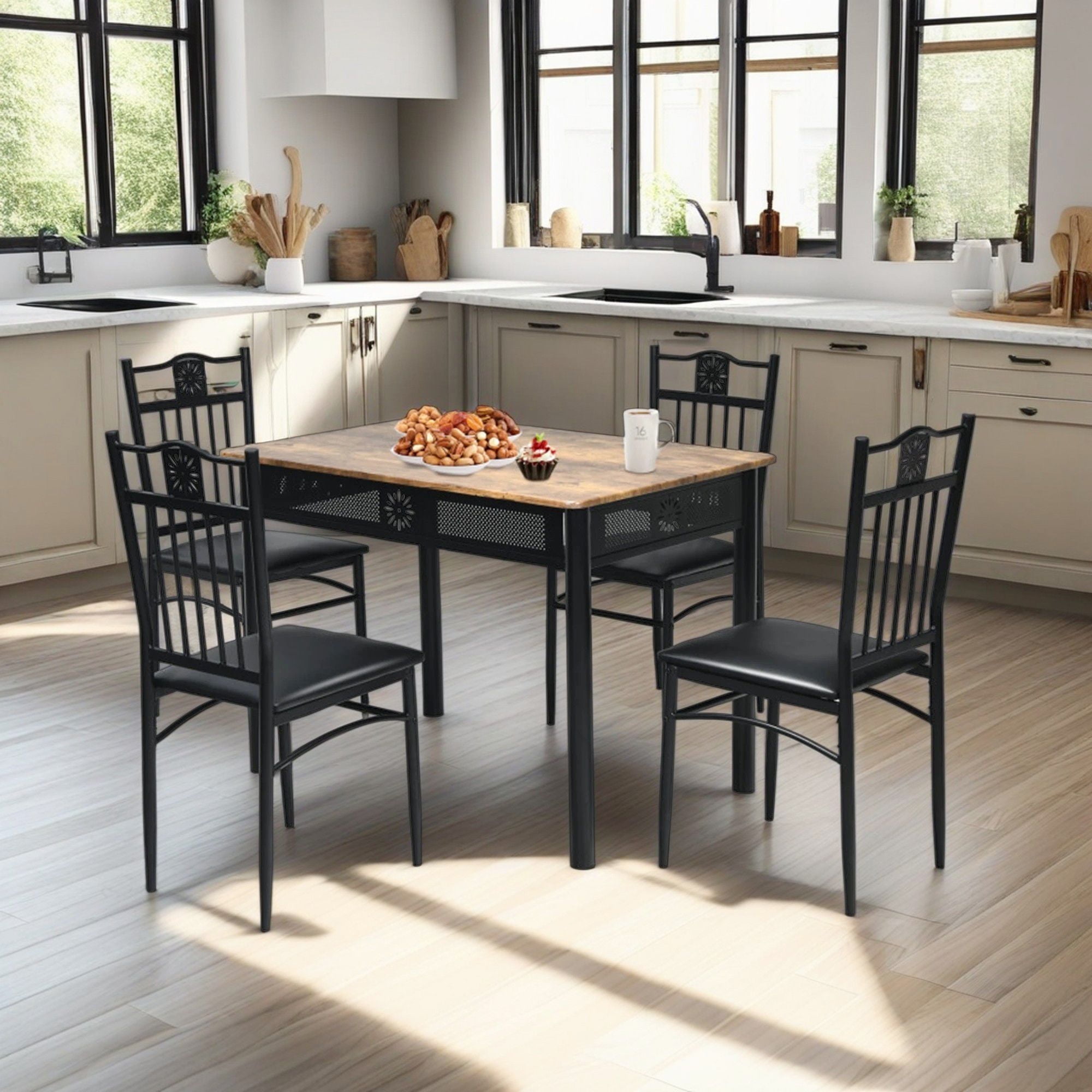 Demi Bonn Dining Set, Dining Table Set, 5 Pcs Dining Set Wood Metal Table and 4 Chairs with Cushions, for Home, Restaurant, Black