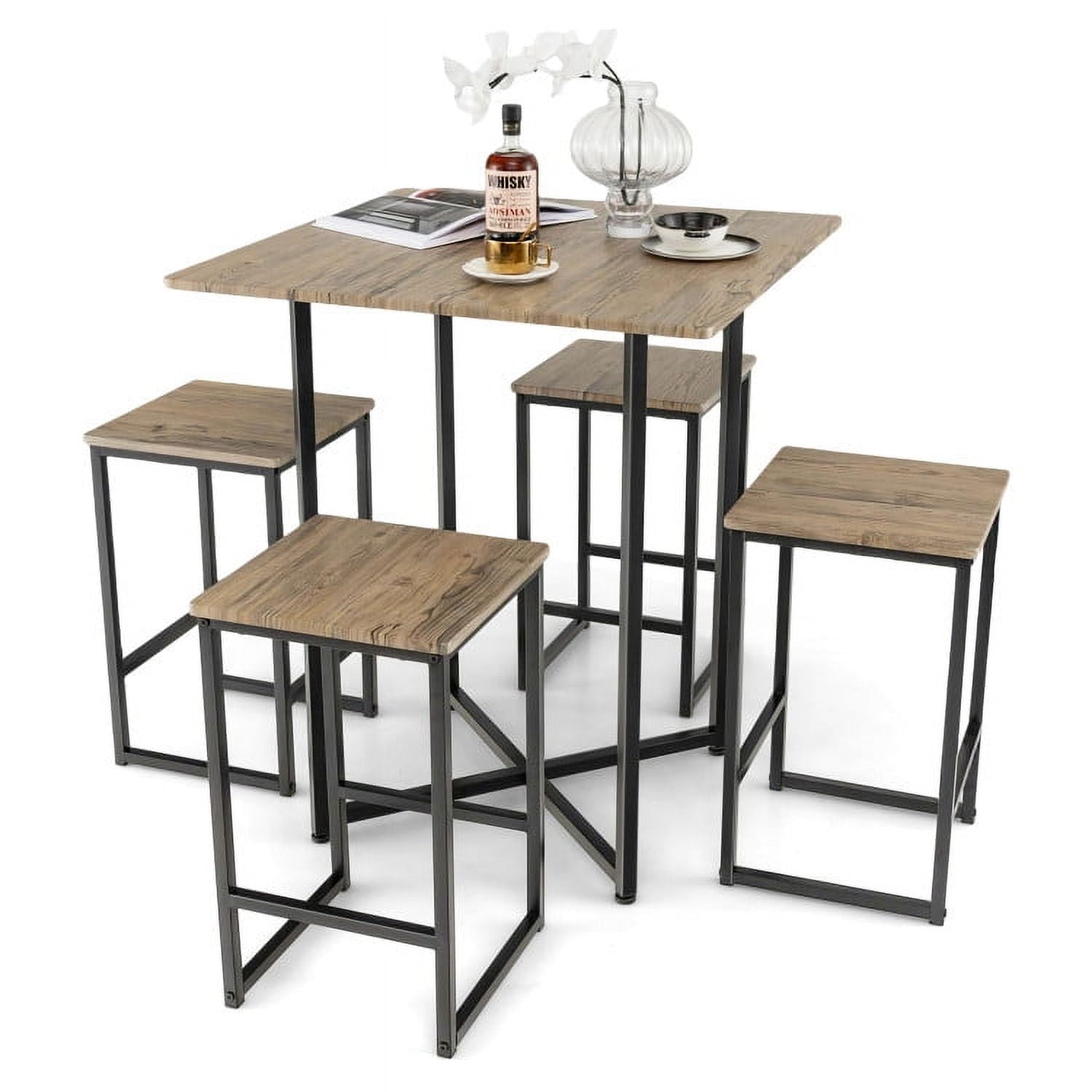 Demi Bonn Dining Set, Dining Table Set, 5 Piece Square Space-saving Dining Table Set with 4 Stools, for Home, Restaurant, Brown