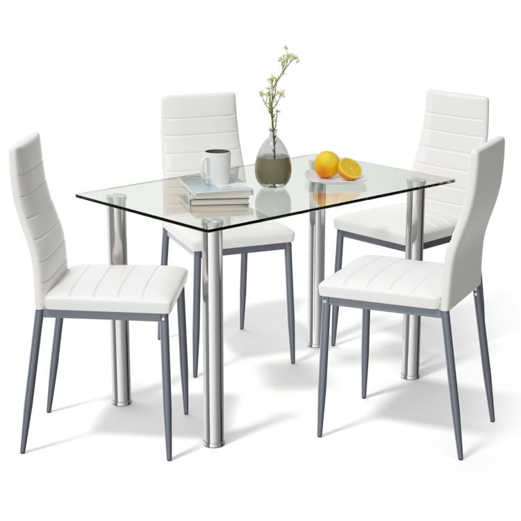 Finihen Dining Set, Dining Table Set, 5 Pieces Dining Set with 4 PVC Leather Chairs, for Home, Restaurant, White Finihen Dining Set, Dining Table Set, 5 Pieces Dining Set with 4 PVC Leather Chairs, for Home, Restaurant, White