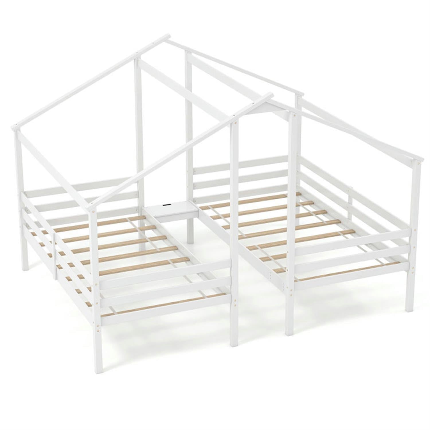 Demi Bonn Double Twin Size Wooden Bed Frames with Built-in Table, Modern House Bed for Teens, White