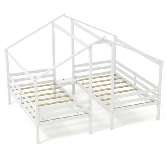 Demi Bonn Double Twin Size Wooden Bed Frames with Built-in Table, Modern House Bed for Teens, White