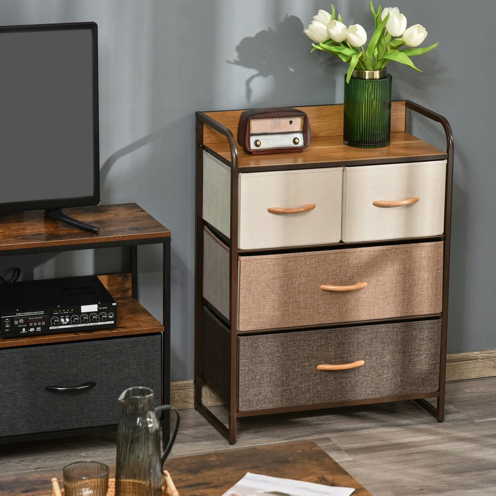 Finihen Dresser for Bedroom with 4 Drawers, Chest Dresser Organizer with Steel Frame, Wood Top, Storage Drawer Unit with Fabric Bins for Closet, Hallway, Multicoloured Finihen Dresser for Bedroom with 4 Drawers, Chest Dresser Organizer with Steel Frame, Wood Top, Storage Drawer Unit with Fabric Bins for Closet, Hallway, Multicoloured