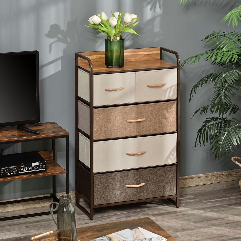 Finihen Dresser for Bedroom with 5 Drawers, Chest Dresser Organizer with Steel Frame, Wood Top, Storage Drawer Unit with Fabric Bins for Closet, Hallway, Multicoloured Finihen Dresser for Bedroom with 5 Drawers, Chest Dresser Organizer with Steel Frame, Wood Top, Storage Drawer Unit with Fabric Bins for Closet, Hallway, Multicoloured