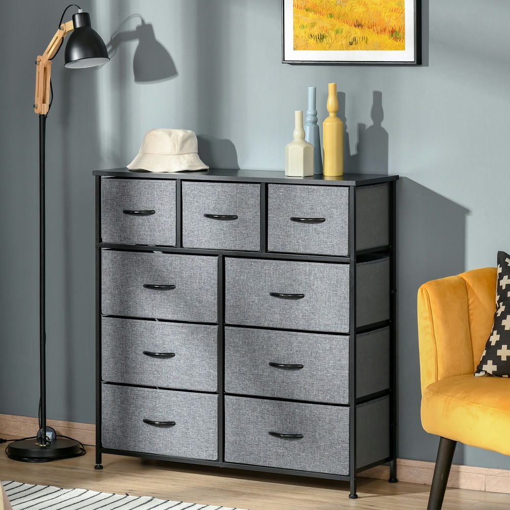 Finihen Dresser for Bedroom with 9 Drawers, Chest Dresser Organizer with Steel Frame, Wood Top, Storage Drawer Unit with Fabric Bins for Closet, Hallway, Gray Finihen Dresser for Bedroom with 9 Drawers, Chest Dresser Organizer with Steel Frame, Wood Top, Storage Drawer Unit with Fabric Bins for Closet, Hallway, Gray