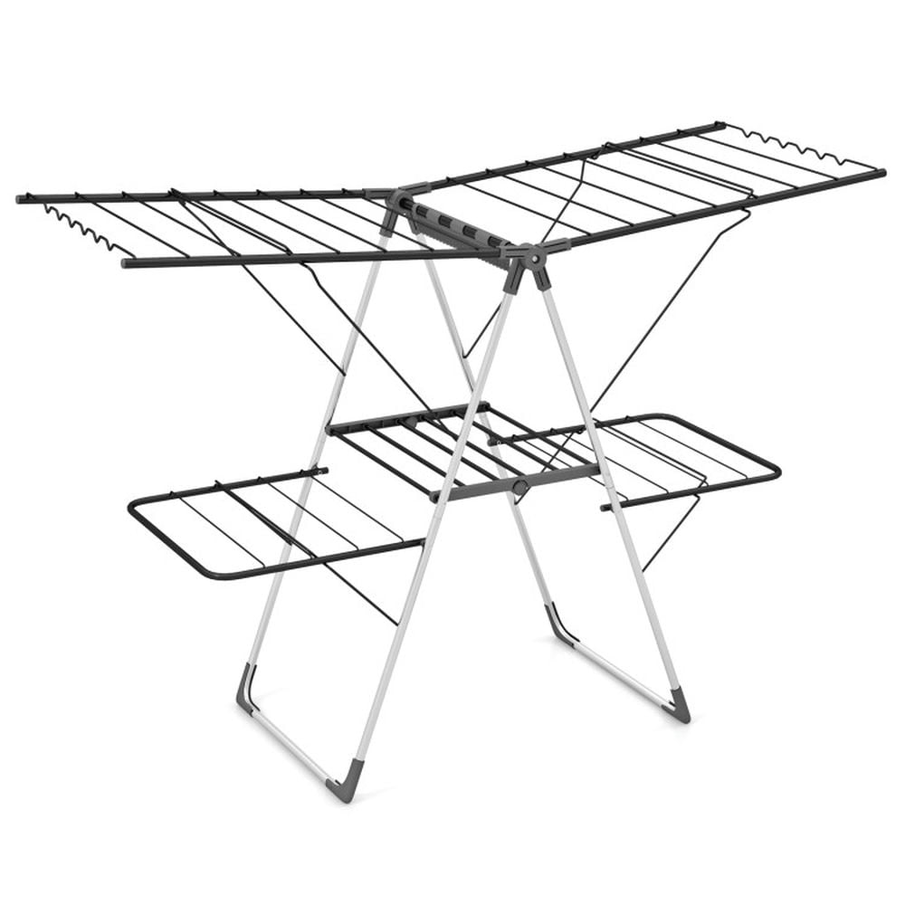 Finihen Drying Rack, Clothes Drying Rack, 2-Tier Clothes Drying Rack with 33 Drying Rails and Height Adjustable Gullwings, for Indoor, Outdoor, Silver Finihen Drying Rack, Clothes Drying Rack, 2-Tier Clothes Drying Rack with 33 Drying Rails and Height Adjustable Gullwings, for Indoor, Outdoor, Silver