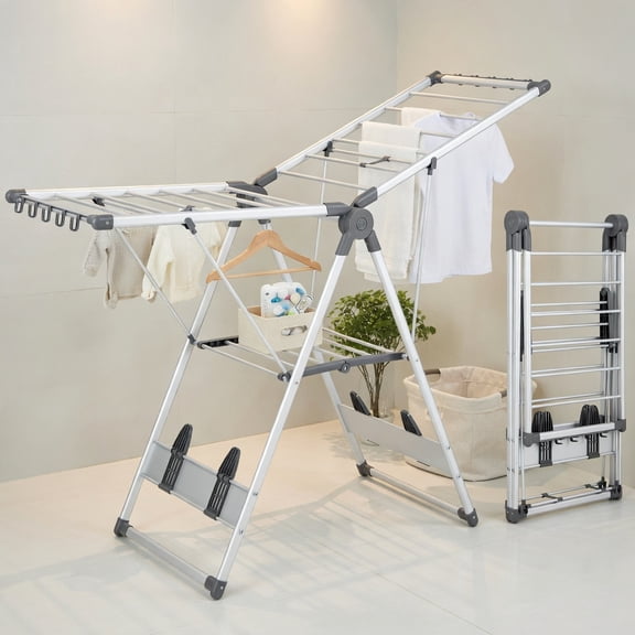 Demi Bonn Drying Rack, Clothes Drying Rack, 2-Layer Folding Clothes Drying Rack with 5-Level Adjustable Height, for Indoor, Outdoor, Silver