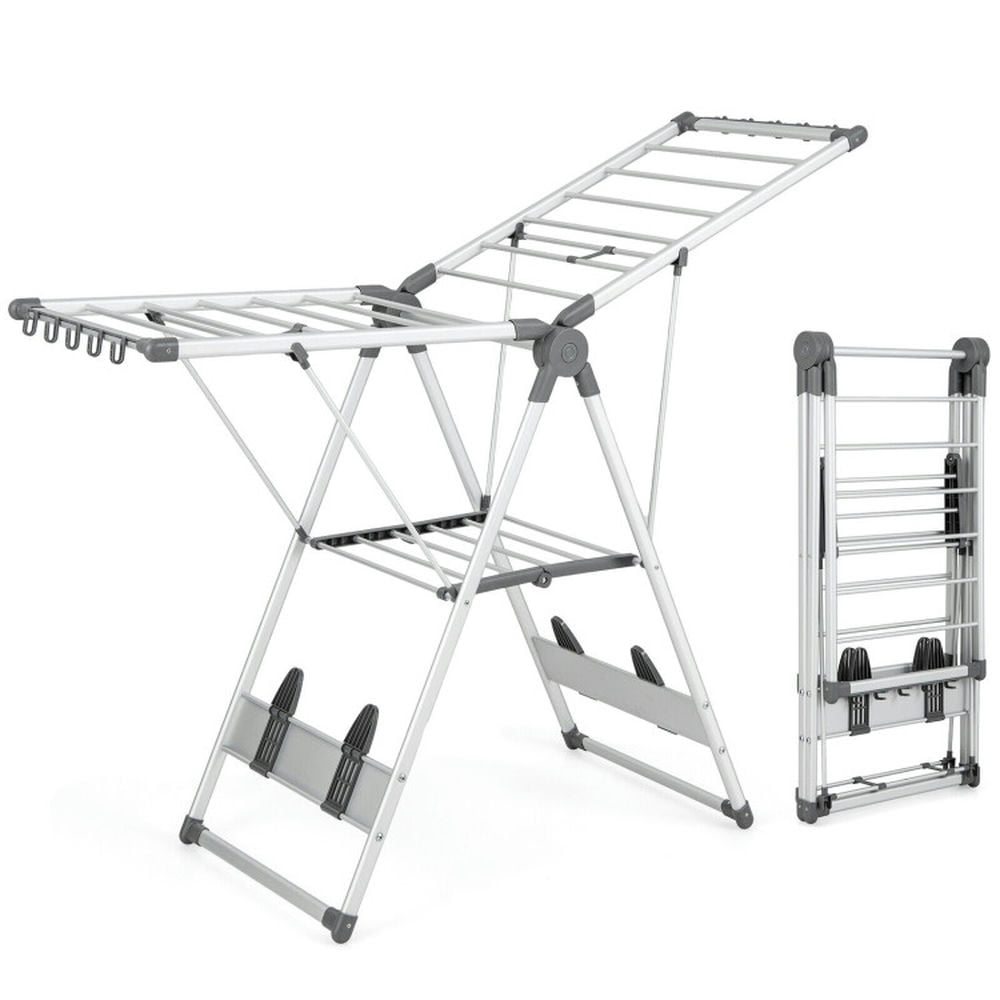 Finihen Drying Rack, Clothes Drying Rack, 2-Layer Folding Clothes Drying Rack with 5-Level Adjustable Height, for Indoor, Outdoor, Silver Finihen Drying Rack, Clothes Drying Rack, 2-Layer Folding Clothes Drying Rack with 5-Level Adjustable Height, for Indoor, Outdoor, Silver