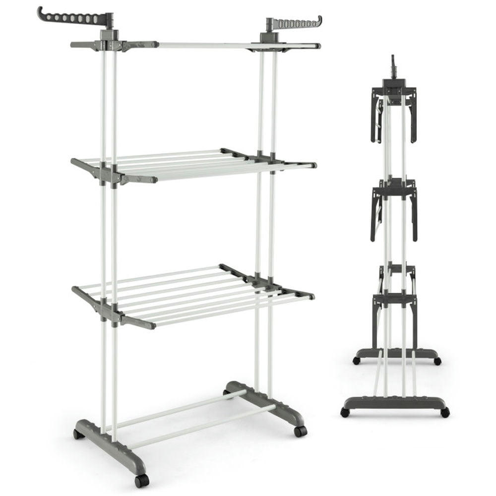 Finihen Drying Rack, Clothes Drying Rack, 4-tier Clothes Drying Rack with Rotatable Side Wings and Collapsible Shelves, for Indoor, Outdoor, Gray Finihen Drying Rack, Clothes Drying Rack, 4-tier Clothes Drying Rack with Rotatable Side Wings and Collapsible Shelves, for Indoor, Outdoor, Gray