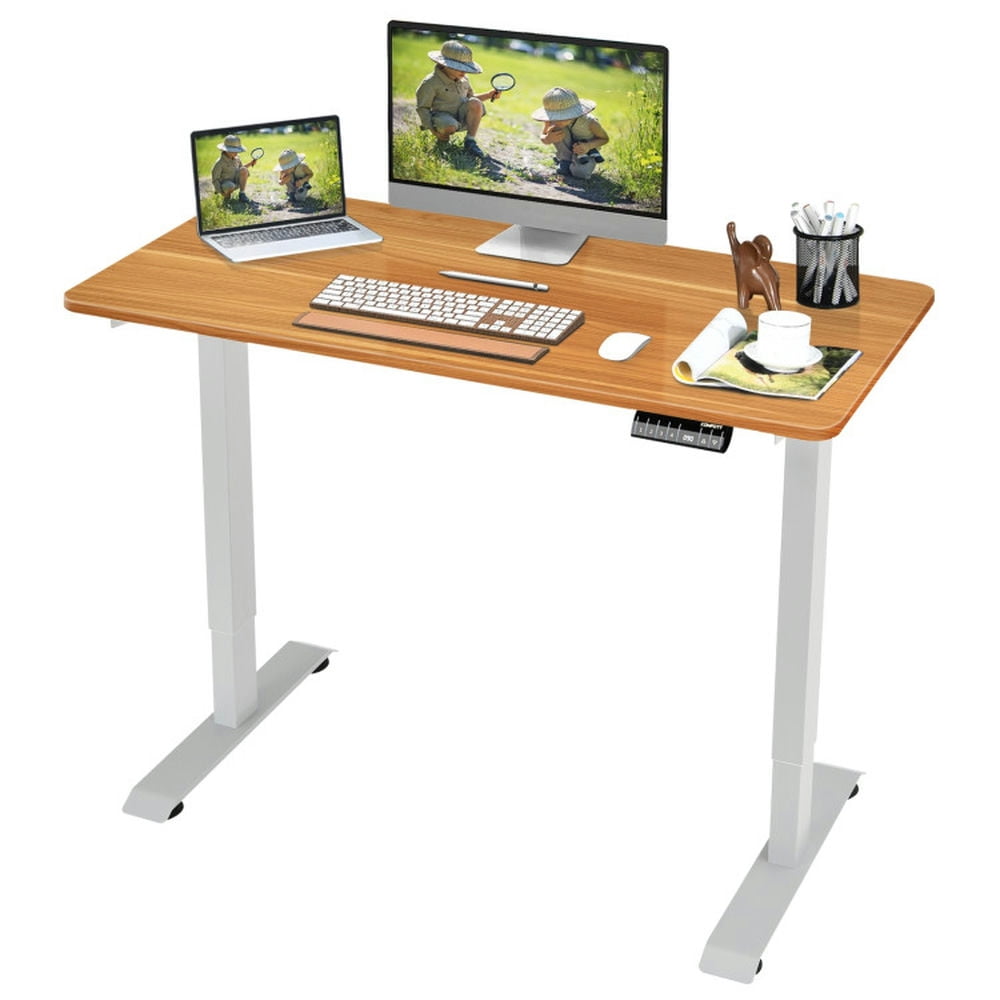 Finihen Electric Height Adjustable Standing Desk with Memory Controller, Small Home Computer Desk Study Writing Table, Beige